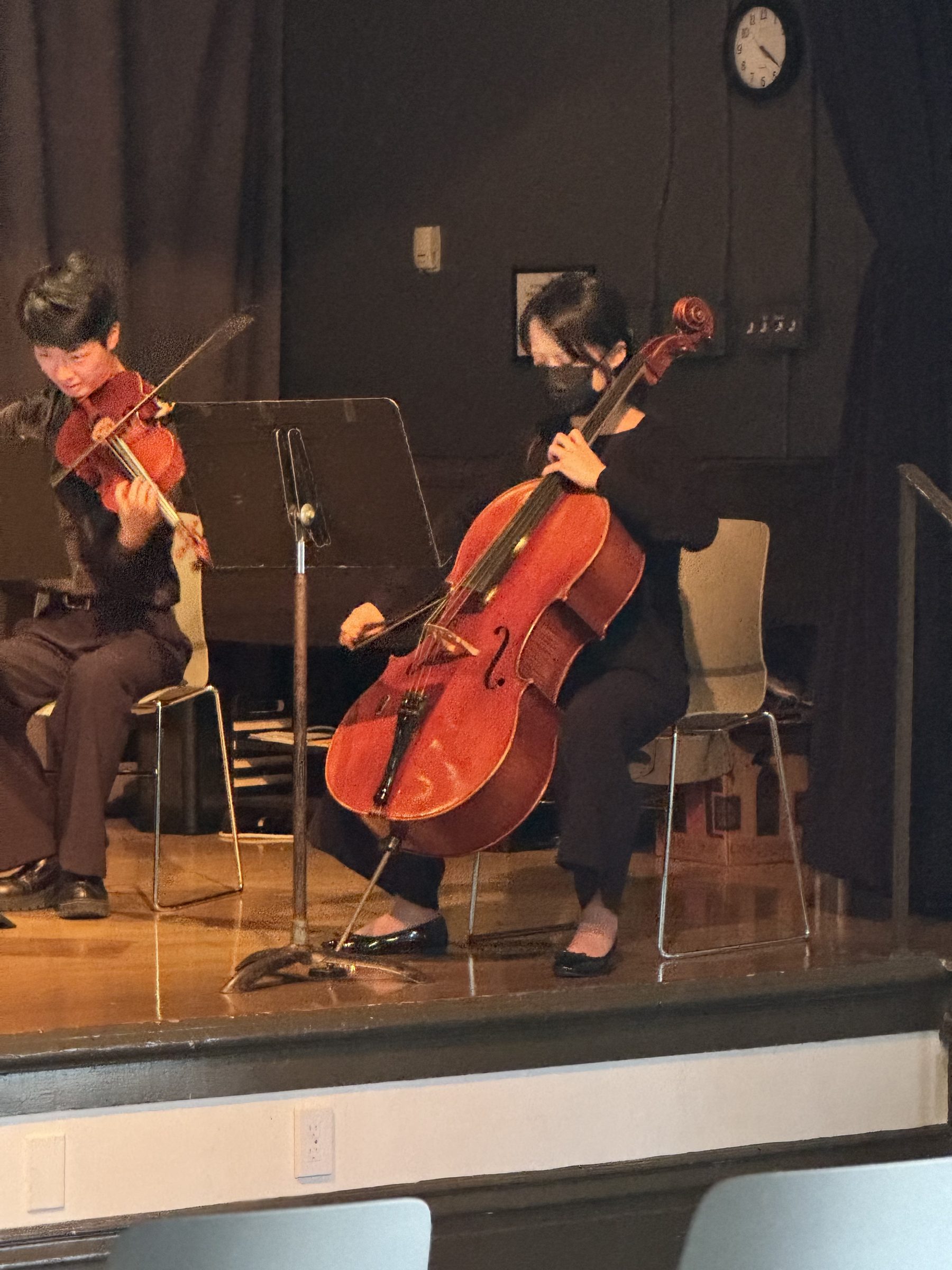 Close detail of violin and cello players on stage